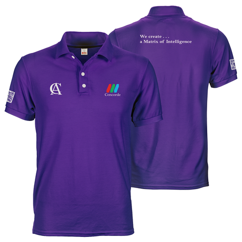 Purple CCTV Concorde polo tee shirt with A6 logo prints on front and sleeve and A4 motto print on back