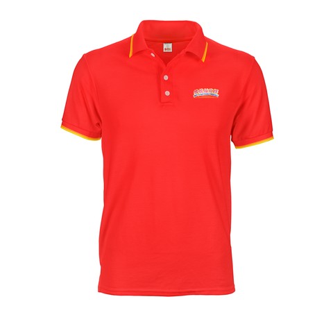 Red Polo Tee with collar and cuff tipping stripes and embroidered logo