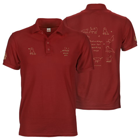 Maroon red SOSD polo tee shirt with A6 logo prints on front and A3 print on back
