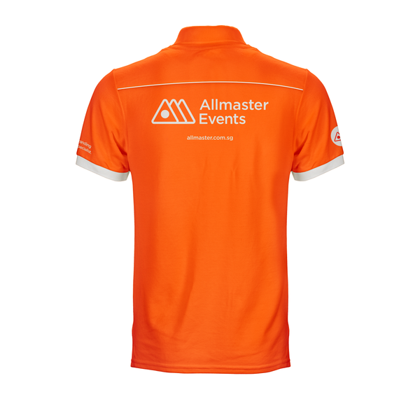 Orange and white Allmaster Polo Tee with shoulder panels, printed logos and custom cuffs and add on pocket back view