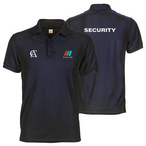 Navy blue CCTV polo tee shirt with A6 logo prints on front and A4 security print on back