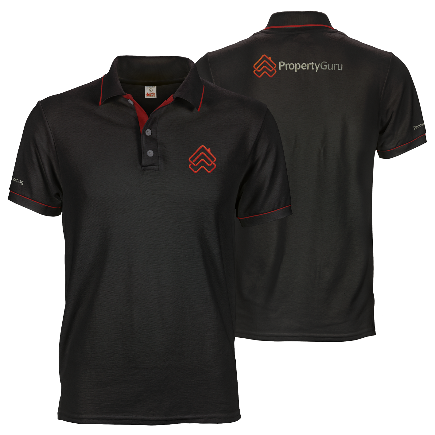 Black propertyguru embroidered polo tee with custom inner placket, collar and cuff piping