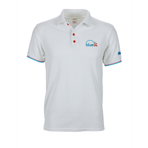 White BlueSG polo tee shirt with red and blue cuff tipping and red buttons