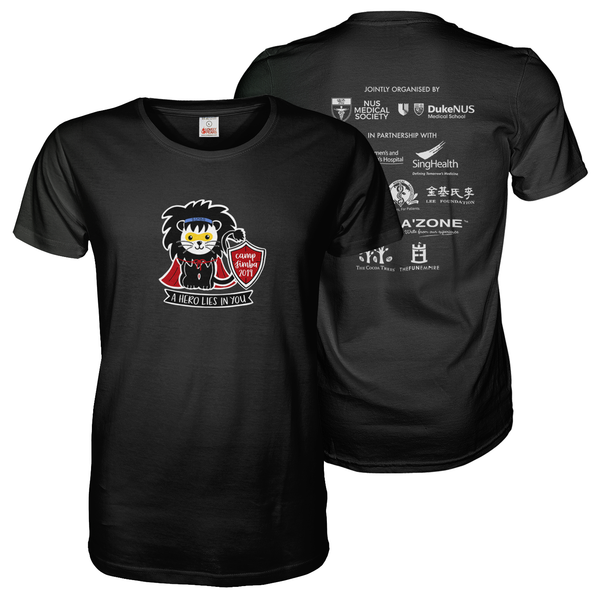 Black tee shirt with A4 Camp Simba NUS front and A3 sponsor logos print on the back