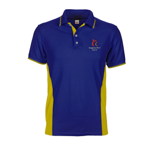 Blue and yellow Sengkang West CC Polo Tee with side panels, embroidered logo and custom inner placket and collar and cuff tipping stripes