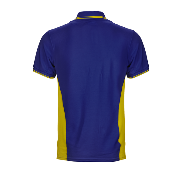 Blue and yellow Sengkang West CC Polo Tee with side panels, embroidered logo and custom inner placket and collar and cuff tipping stripes back view