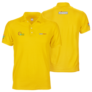 Yellow keppel polo tee shirt with A6 logo prints on front, sleeves and back