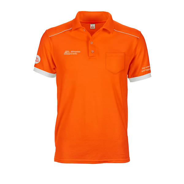 Orange and white Allmaster Polo Tee with shoulder panels, printed logos and custom cuffs and add on pocket