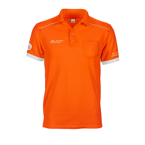 Orange and white Allmaster Polo Tee with shoulder panels, printed logos and custom cuffs and add on pocket