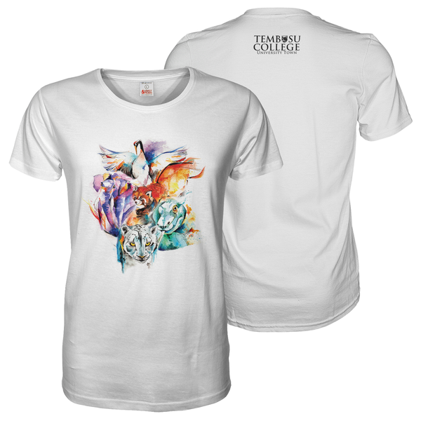 White tee shirt with A3 Tembusu NUS colourful front and A6 logo print on the back