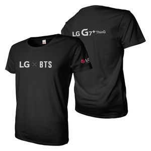 Black tee shirt with A4 LG x BTS front and back, one sleeve LG logo