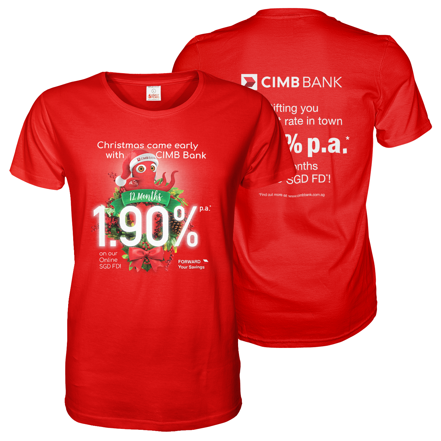 Red tee shirt with A3 CIMB bank front and back print