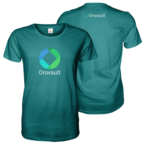 Turquoise tee shirt with A4 orovault front and A6 logo print on the back