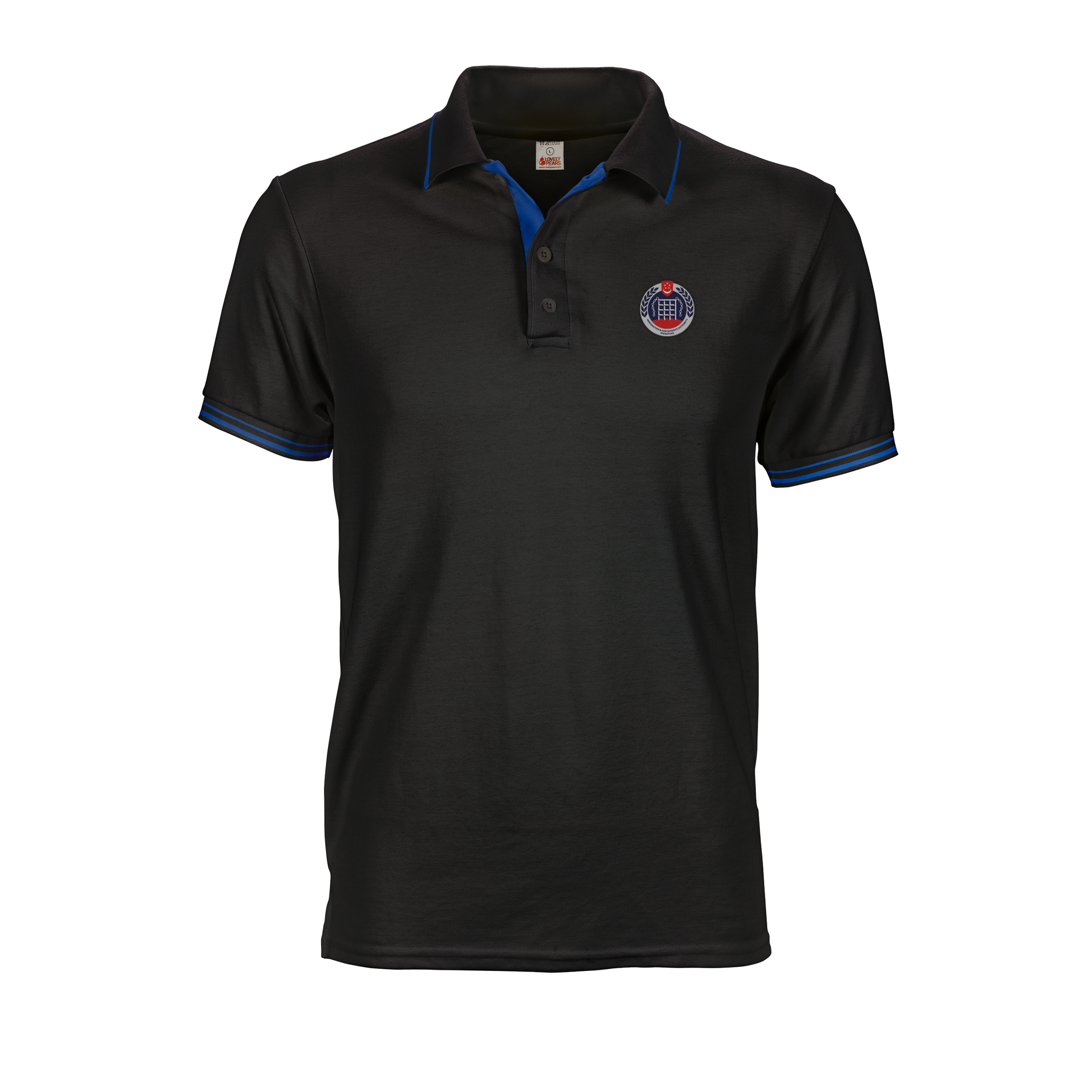 Black ICA polo tee with blue inner placket, collar and cuff tipping stripes