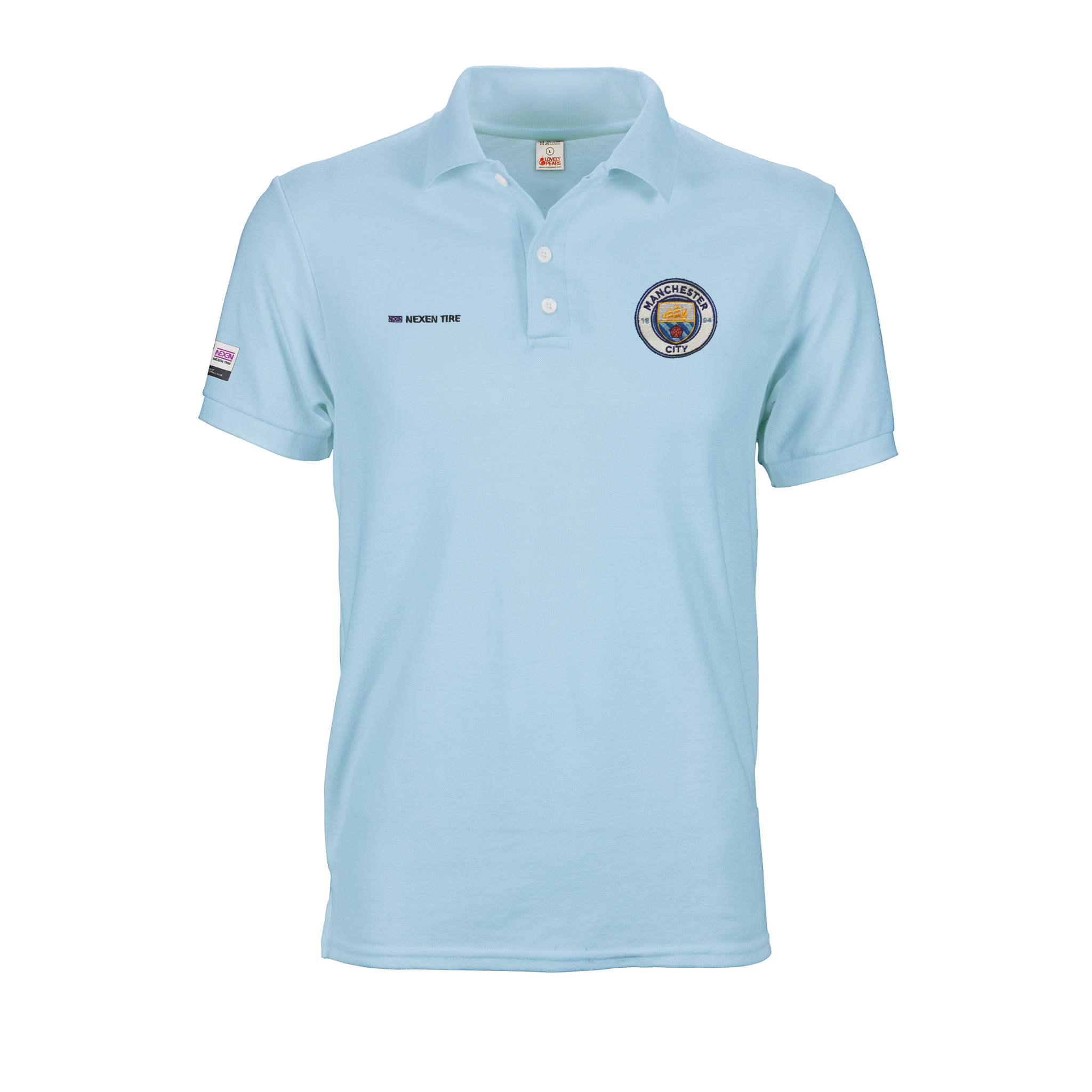 Light blue Manchester City polo tee shirt with A6 logo prints and embroidery on front and sleeve