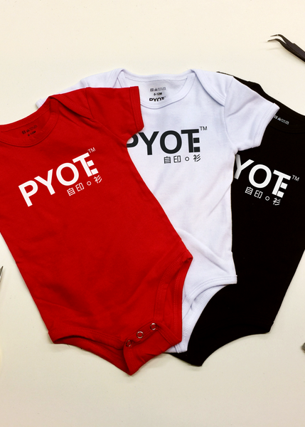 PYOT custom print baby romper in red white and black