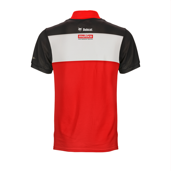 Back view of black white red polo tee shirt with bobcat multico logos on custom shoulder yoke base
