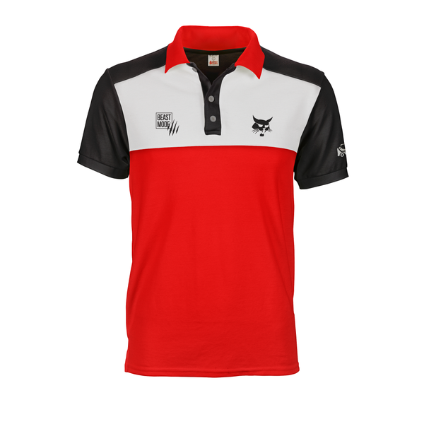 Black White and Red polo tee shirt with bobcat multico logos on custom shoulder yoke base