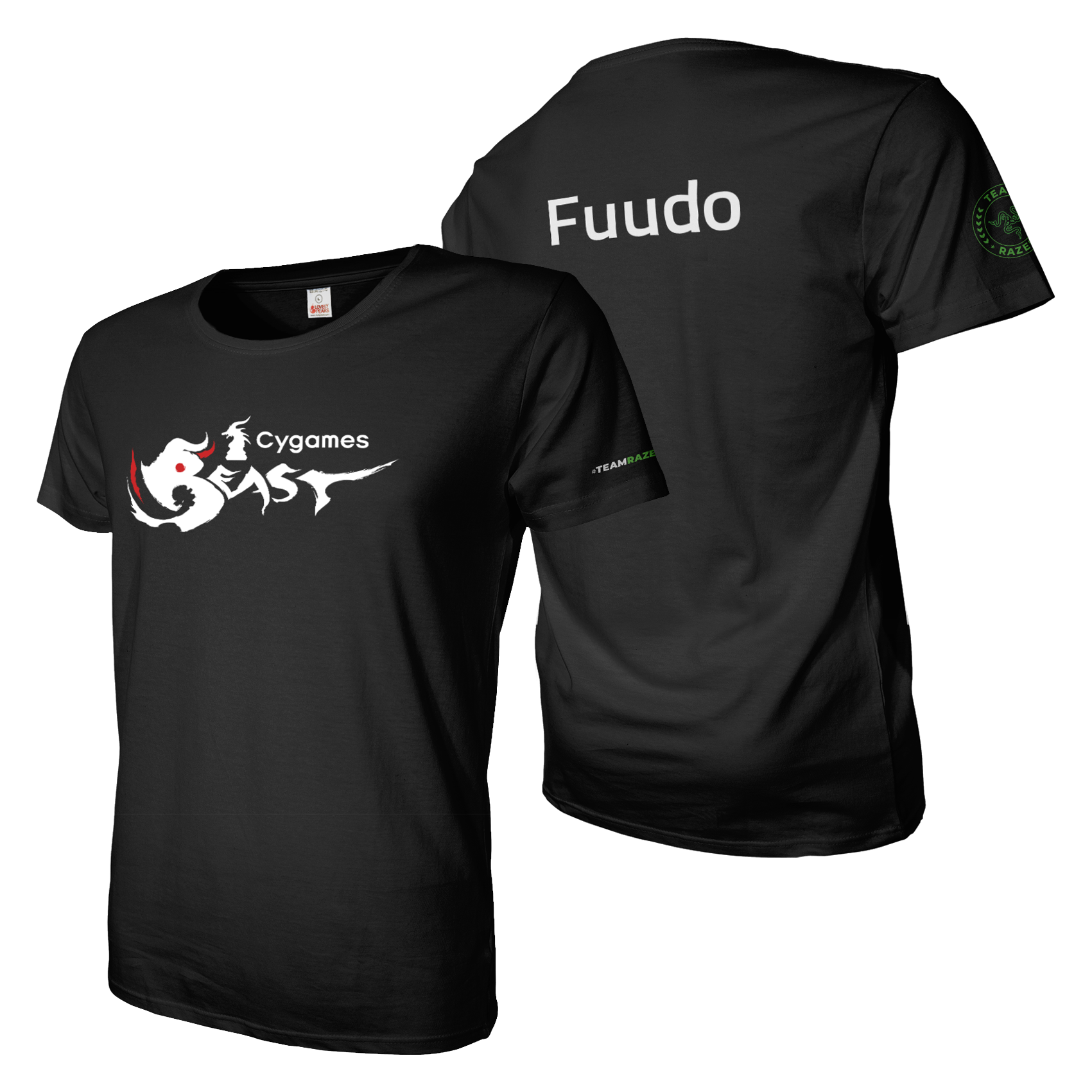 Black tee shirt with A4 cygames beast front and back custom name, Razer branding on sleeves