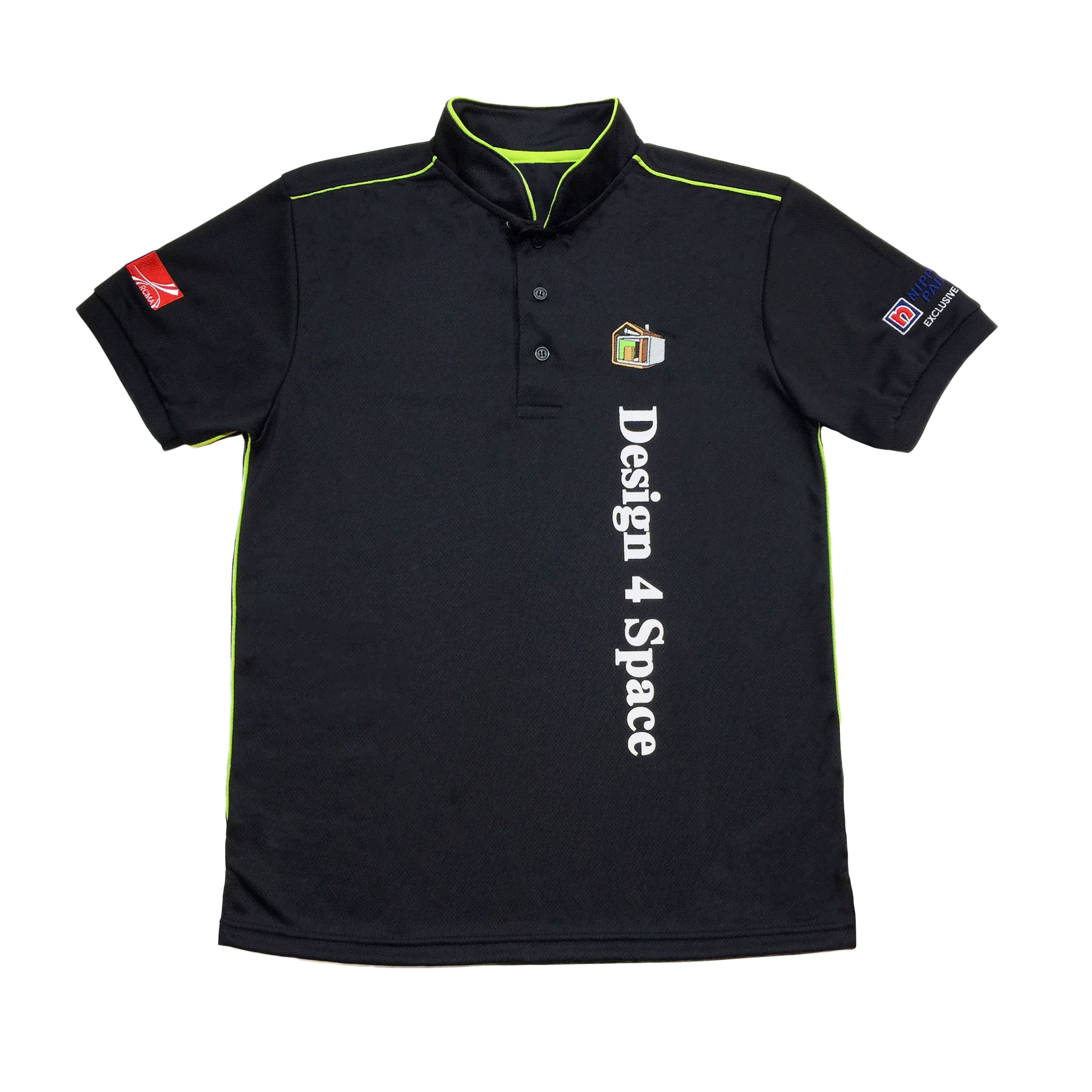 Customised mandarin collar polo tee shirt with green piping and embroidered logos on chest and sleeves, plus silkscreen large words on the front and back.