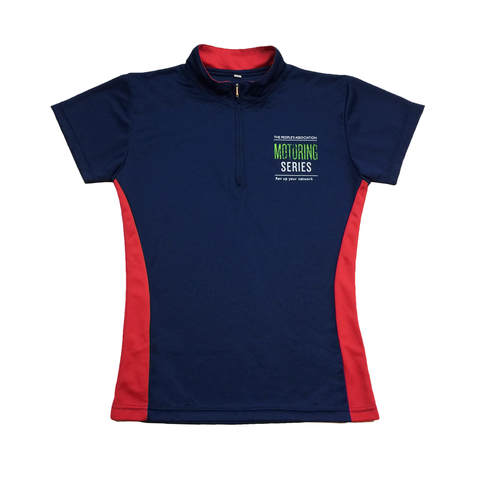 The people's association motoring series navy blue and red female cutting custom mock neck polo tee shirt with zip